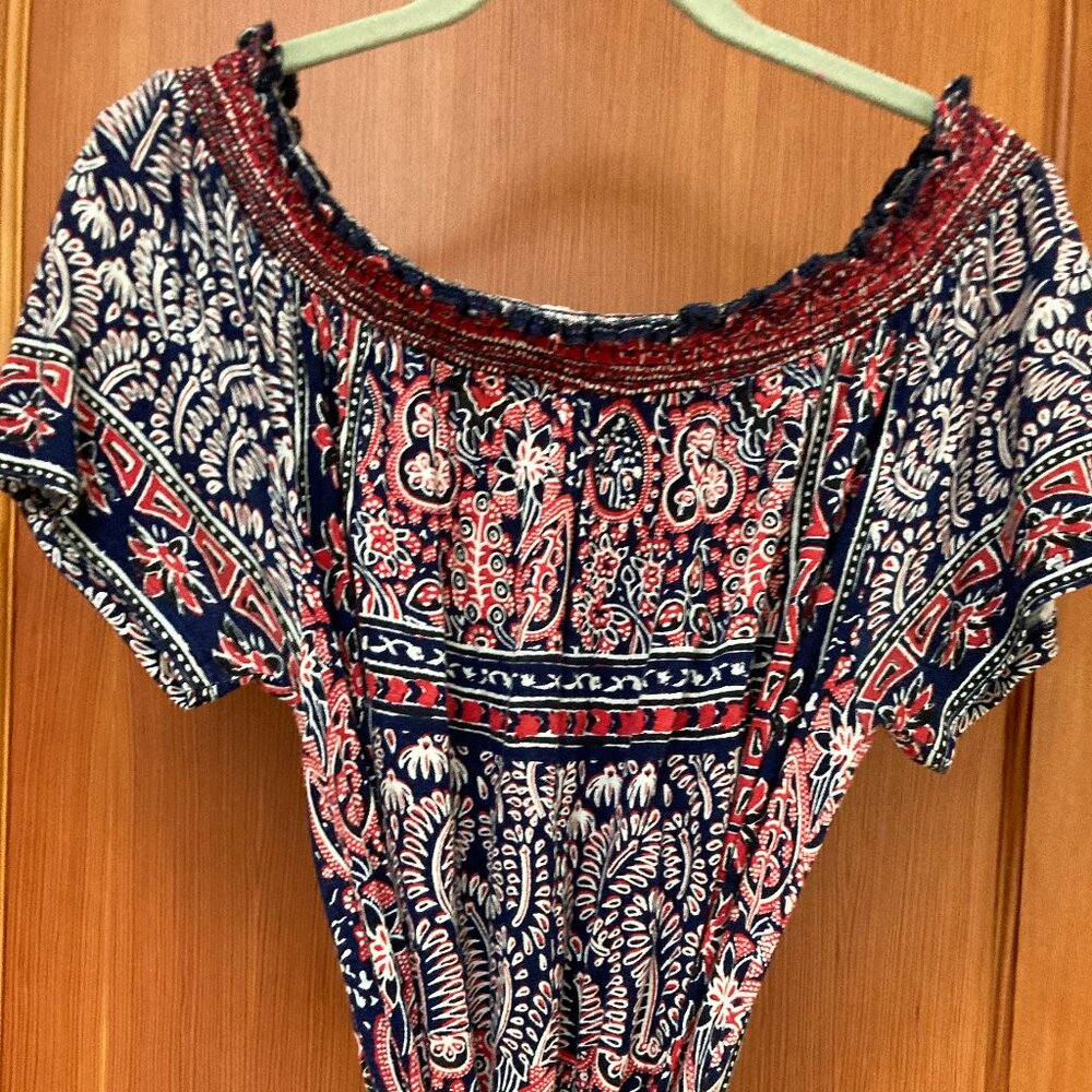 Lucky Brand Smocked Off Shoulder Boho Dress Tie Waist Navy Red Cream Sz M